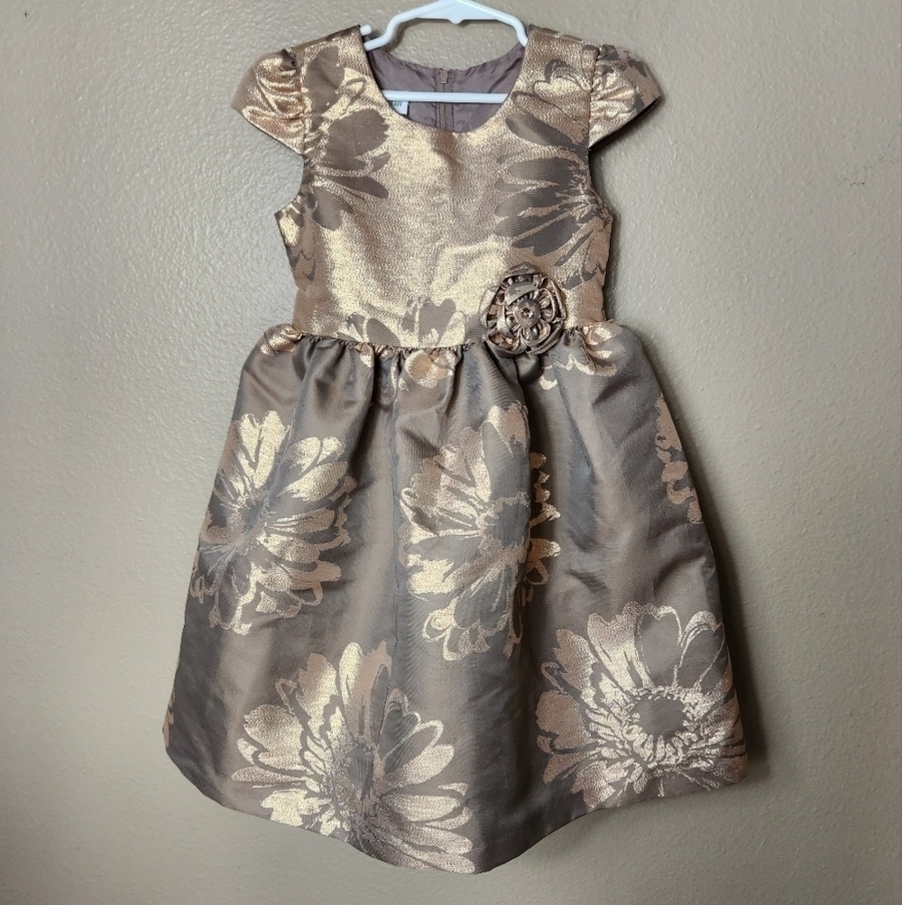 Bonnie Jean Chocolate Brown Gold Large Floral Party Dress-Size 6X